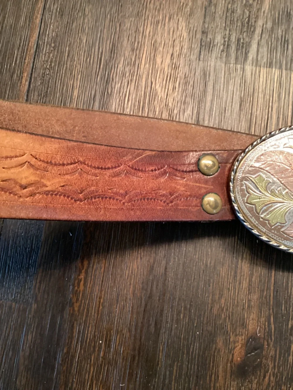 Vintage Wells W USA Tri-Tone Floral Filigree Western Belt Buckle & Leather Strap